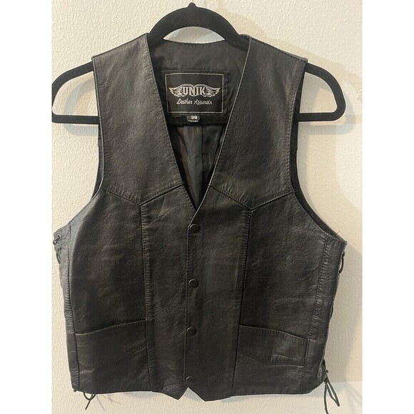UNIK Leather Apparel Men’s Black Sleeveless Biker Motorcycle Vest Size 38 - Picture 3 of 9